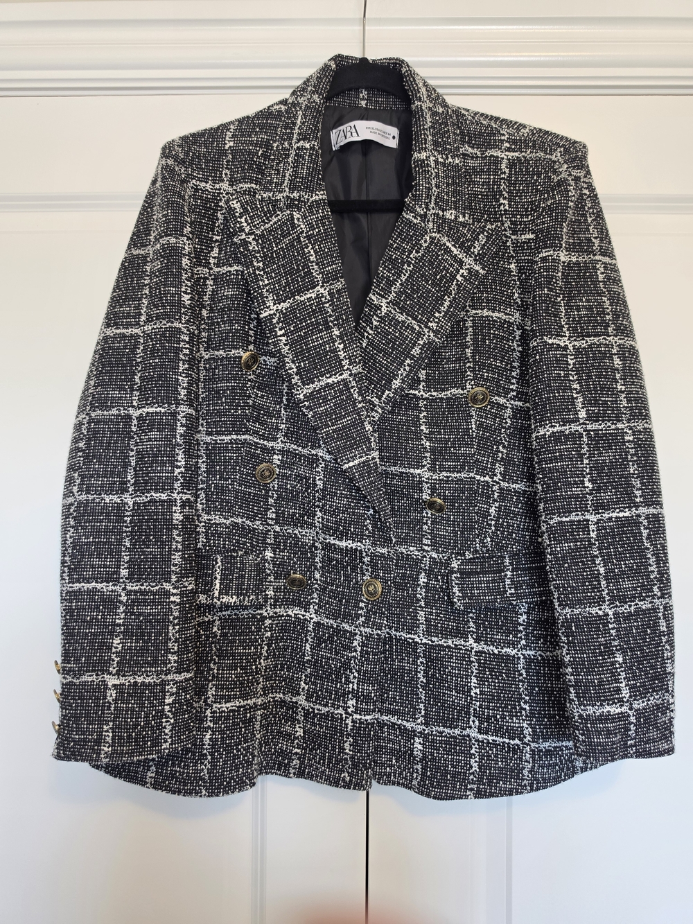 ZARA BLACK & WHITE TWEED PLAID DOUBLE BREASTED BLAZER GOLD BUTTONS XL